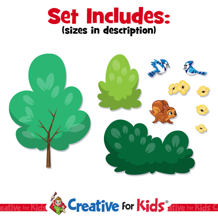 Preschool Deluxe Landscape Set - Trees Bushes Birds flowers and squirrel wall decal set  is easy to install and make a great Bible Story Scene for your Kids Church, Sunday School or Children's Ministry.