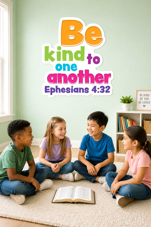 Children sitting on the floor reading Bibles with colorful "Be kind to one another" Ephesians 4:32 wall decal in a Sunday school classroom.