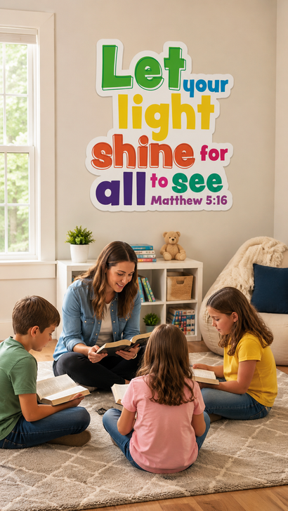 Colorful Matthew 5:16 Bible verse wall decal displayed in a Sunday school classroom with children reading the Bible together.