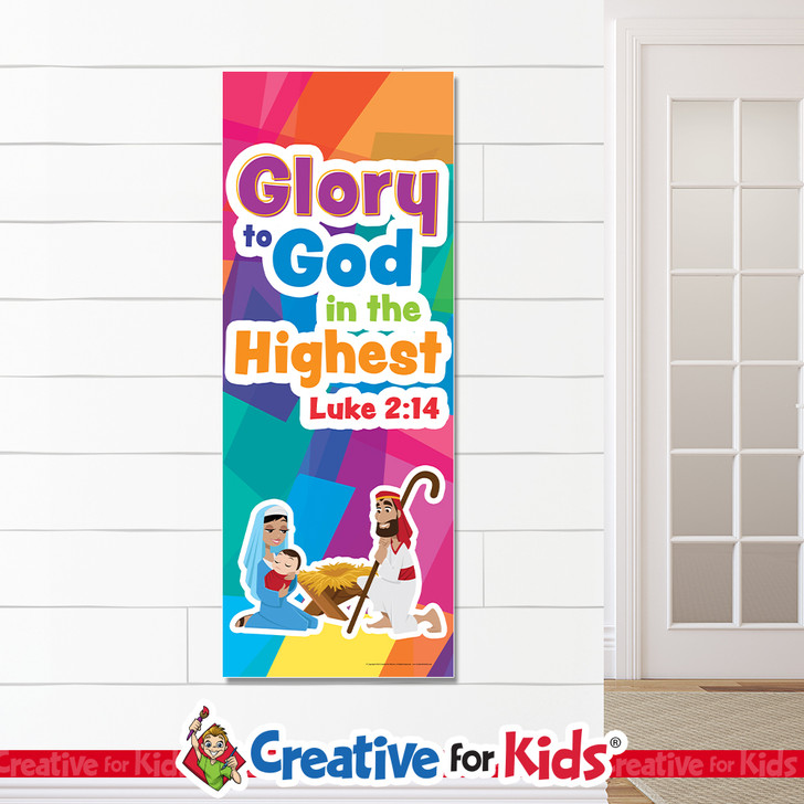 Glory To God In The Highest Christmas Banner. Help kids and families celebrate the holiday season with Christmas banners. They come with grommets unless you choose no grommets and can be hung in your children's ministry, kids church, Sunday school, or childcare space. Indoor banners are made from heavyweight latex and nylon reinforcement. They will last a life time, indoors.
