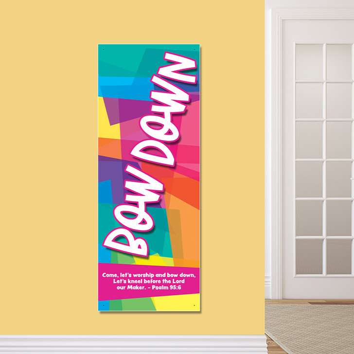 Bow Down Worship Kids Church Banner encourages kids to worship Jesus in kids church, Sunday school, classrooms, hallways, and registration areas. They will inspire kids to do what they were created to do, worship God! All vinyl banners include the option of grommets or no grommets.