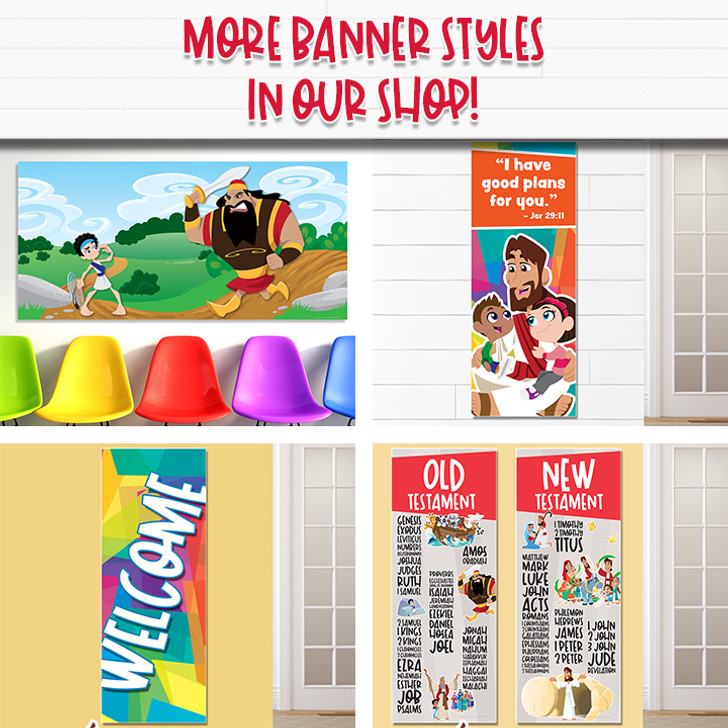 Clap Worship Kids Church Banner encourages kids to worship Jesus in kids church, Sunday school, classrooms, hallways, and registration areas. They will inspire kids to do what they were created to do, worship God! All vinyl banners include the option of grommets or no grommets.