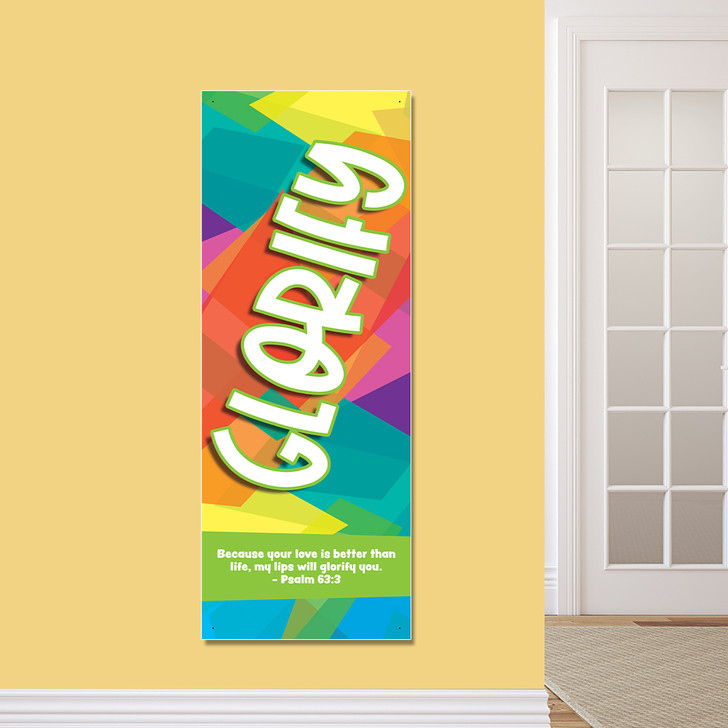 Glorify Kids Church Worship Banner encourages kids to worship Jesus in kids church, Sunday school, classrooms, hallways, and registration areas. They will inspire kids to do what they were created to do, worship God! All vinyl banners include the option of grommets or no grommets.