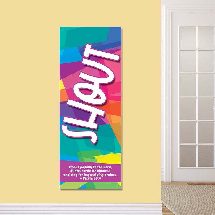 Shout Kids Church Worship Banner encourages kids to worship Jesus in kids church, Sunday school, classrooms, hallways, and registration areas. They will inspire kids to do what they were created to do, worship God! All vinyl banners include the option of grommets or no grommets.