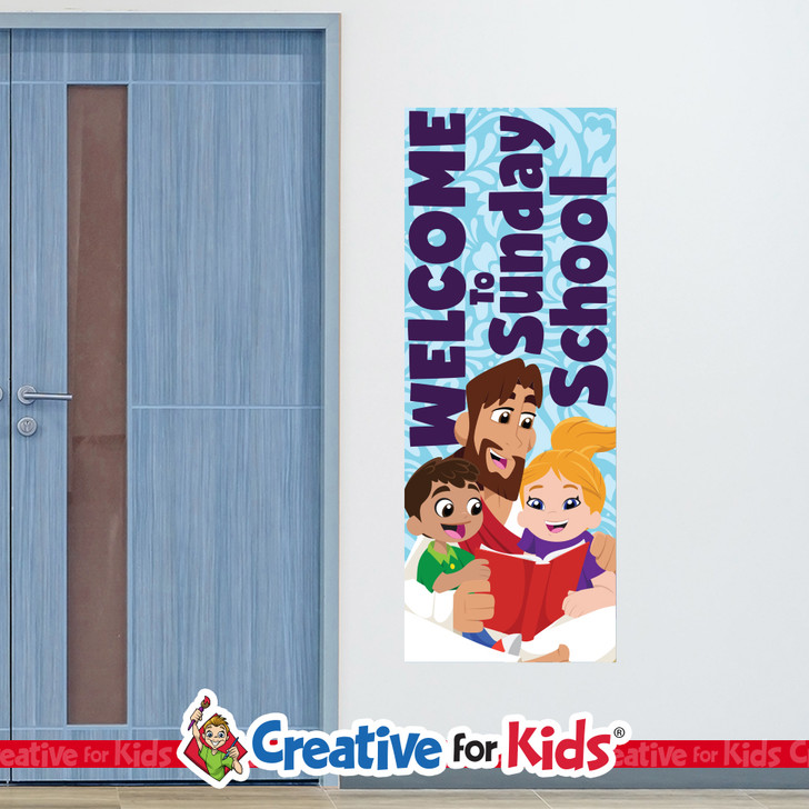 Jesus & Kids Welcome to Sunday School Horizontal Banner Welcome everyone into your Children's Ministry, Kids Church or Sunday School with this attention getting welcome and greeting Banner. We have many to choose from.are made from heavyweight vinyl and come with the option of grommets or no grommets. They can be displayed, enjoyed, and rotated in kids church, Sunday school, classrooms, hallways, and registration areas. They will help kids and families feel welcomed.