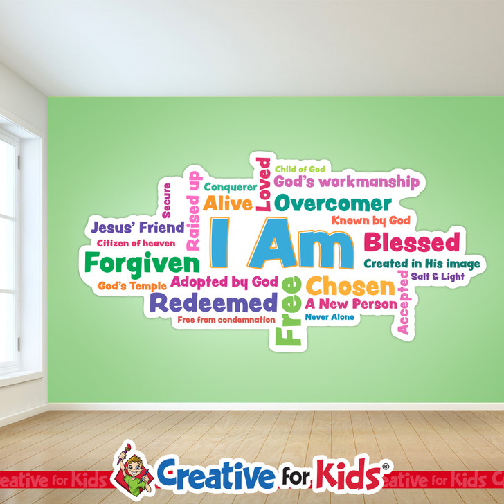 I Am White Trim Word Cloud, Sunday School Decal for Sunday school, Kids church, homeschool, child care, or in your classroom.