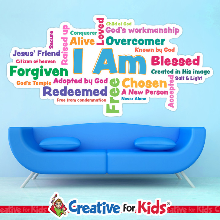 I Am White Trim Word Cloud, Sunday School Decal for Sunday school, Kids church, homeschool, child care, or in your classroom.