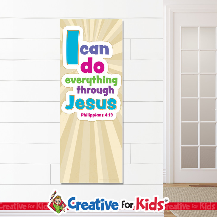 I Can Do Everything Through Jesus White Trim Scripture Banners are designed for Sunday school, Kids church, homeschool, child care, and children's ministry.