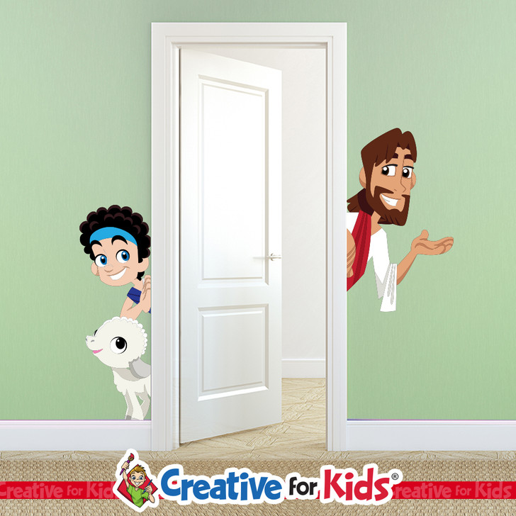 Jesus and David doorway wall decal with sheep illustration.