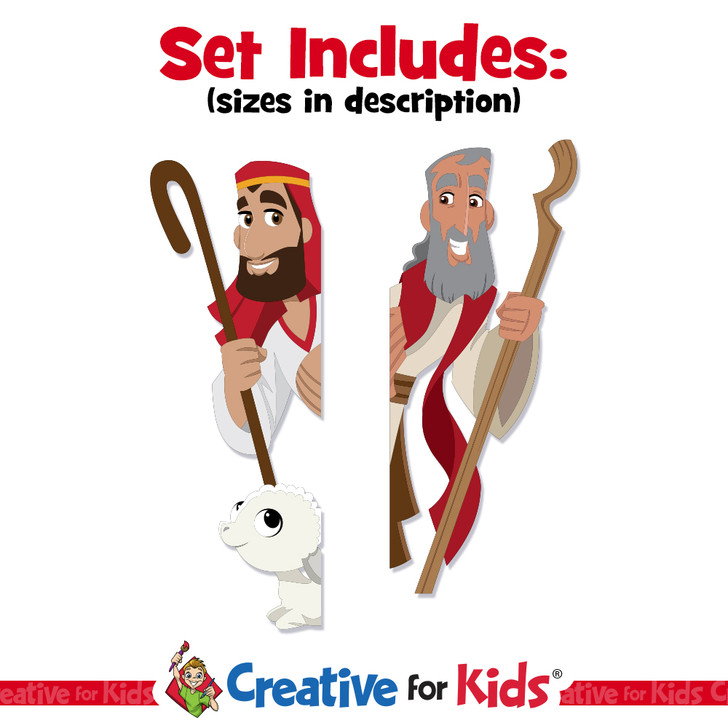 Cartoon Moses and Joseph with sheep peeking from side of doorway wall decal.
