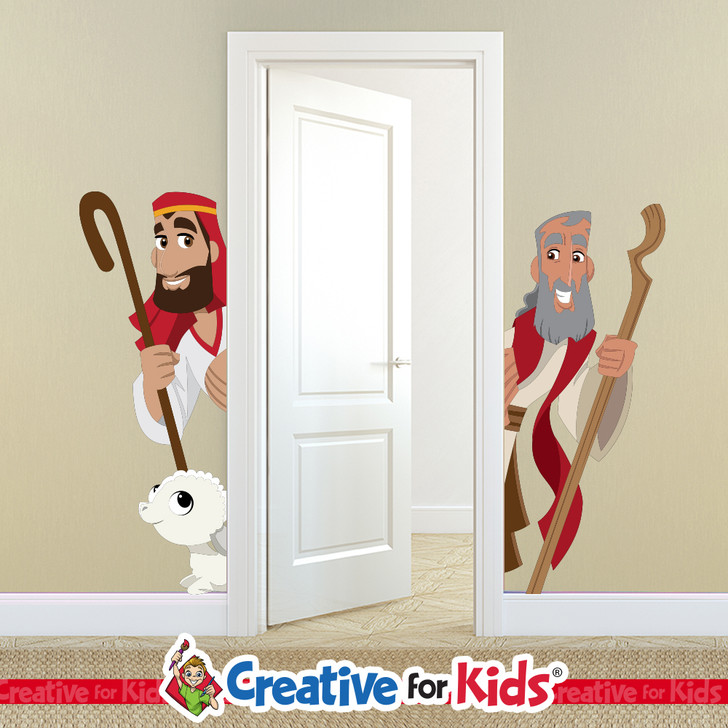 Moses and Joseph preschool doorway wall decal with lamb illustration.