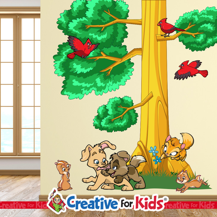 Tree with Dogs & Cat Wall Decal Groupings are an easy to install, budget friendly, addition to the building project of your Kids Church, Sunday School, Class room, hallways, in your Children's Ministry.