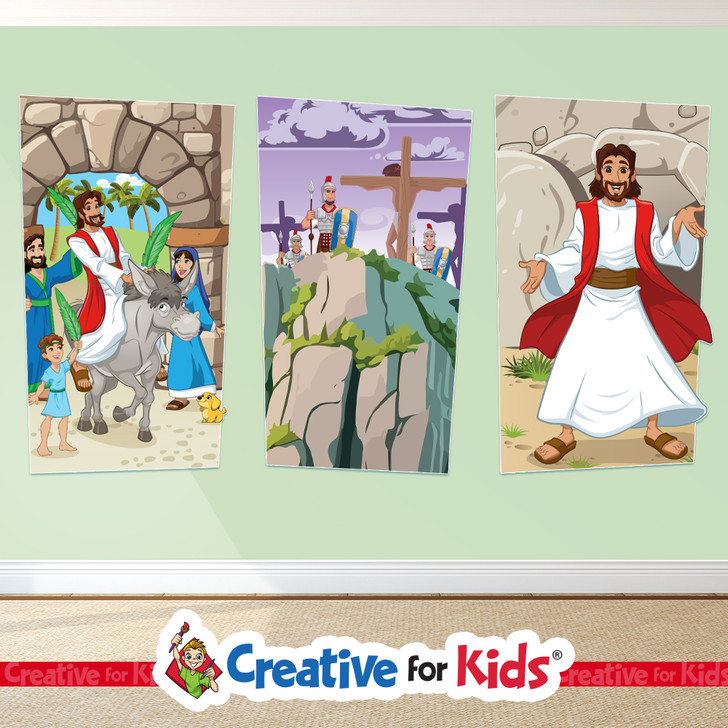Easter Bible Story Elementary Wall Decal Grouping will bring the Easter Story to life on the walls of your Sunday School, kids church, or Children's Ministry hallways.