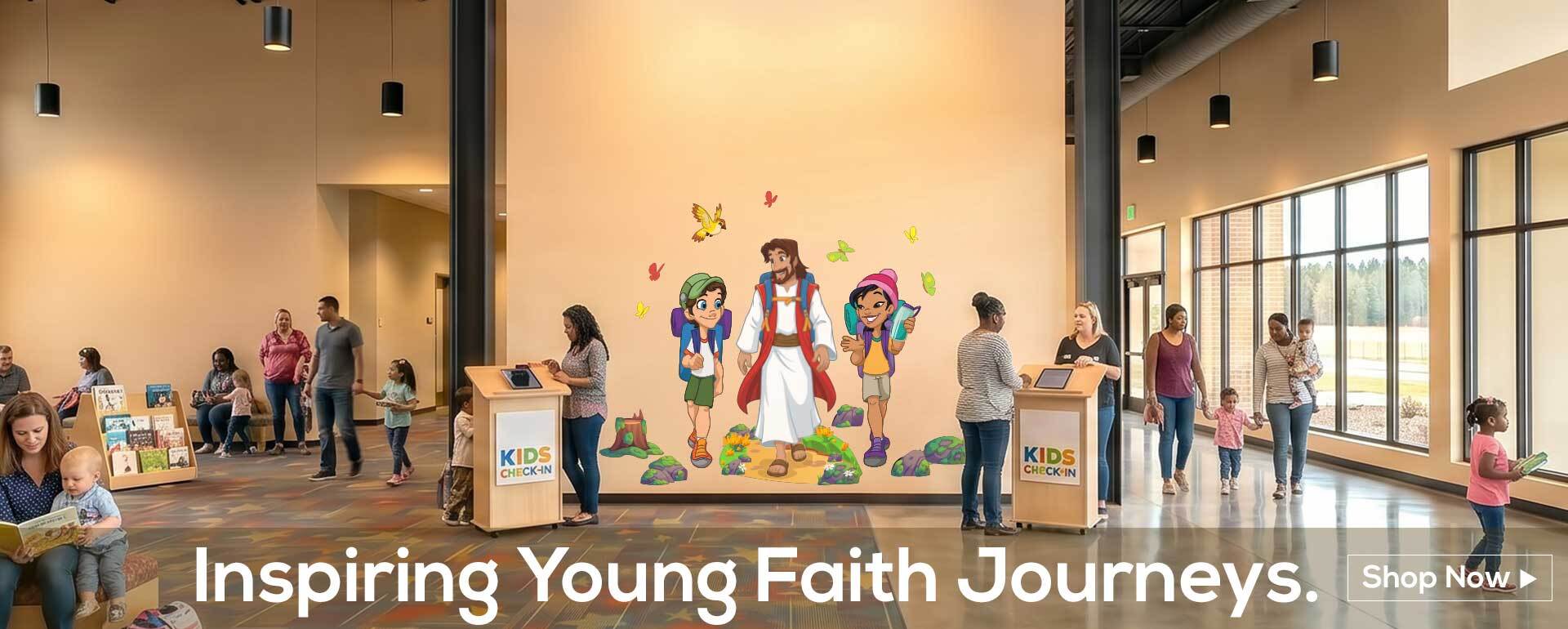 A bright, open church lobby features a large center wall with a colorful wall decal scene of Jesus hiking with two children wearing backpacks. On either side of the mural, parents use wooden kiosks labeled "Kids Check-In" to sign in their children, while families walk through the hallway and sit in a waiting area.