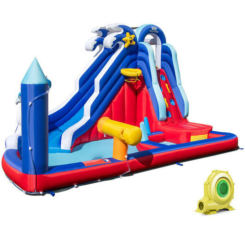 6-In-1 Inflatable Water Park with 735W Blower - Color: Blue D681-NP11175+EP24683