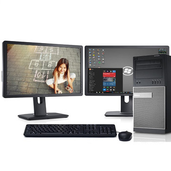 Front View Dell Optiplex 3020 Tower Dual 19"LCDs Intel i5 3.3GHz 4GB 250GB Win10 Home WiFi