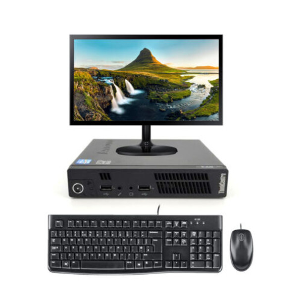 Front View, Lenovo ThinkCentre M72e Desktop Intel Core i5-3470 3rd gen 16GB RAM 128GB 19" Monitor HDD Wi-Fi Windows 10 Pro