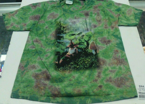 GREEN/BROWN TYE DYE SHORT SLEEVE SHIRT WITH SLEEPING GNOME - KIDS UNISEX - S