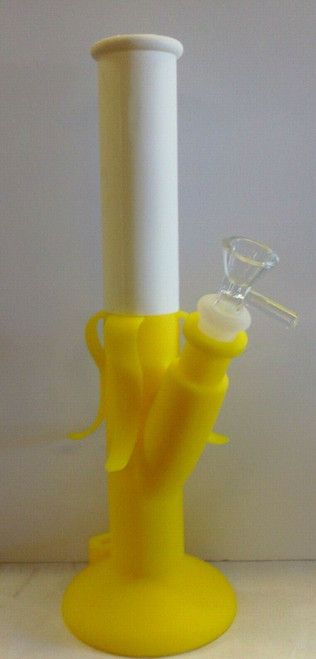 12" SILICONE NOVELTY BANANA-SHAPED WATER PIPE WITH 14mm GLASS BOWL - WHITE & YELLOW