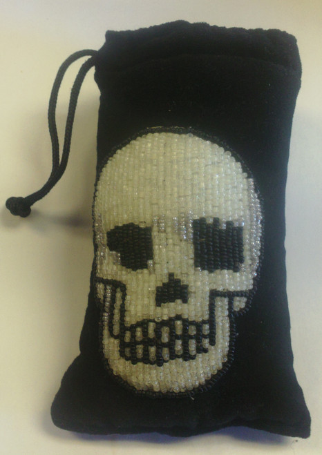 6" Black Padded Drawstring Bag with Beaded Design - Smiling Skull