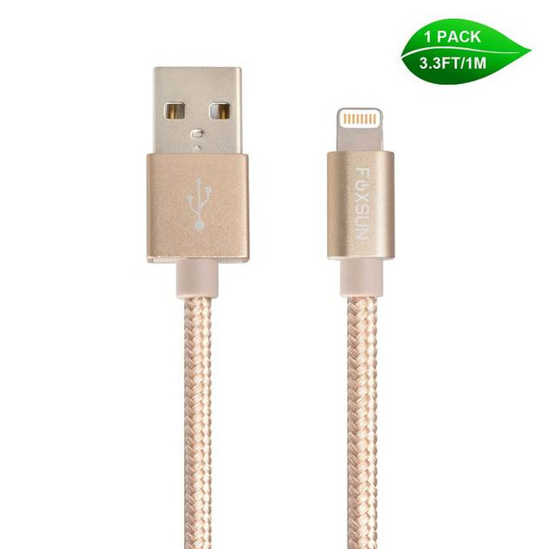 Foxsun AM001017 iPhone Charging Cable 3.3 FT/1M Nylon Braided Lightning Cable for iPhone 7/7Plus/6/6Plus/6S/6S Plus/5/5S/5C/SE, iPad Pro/Air/Mini (Gold)