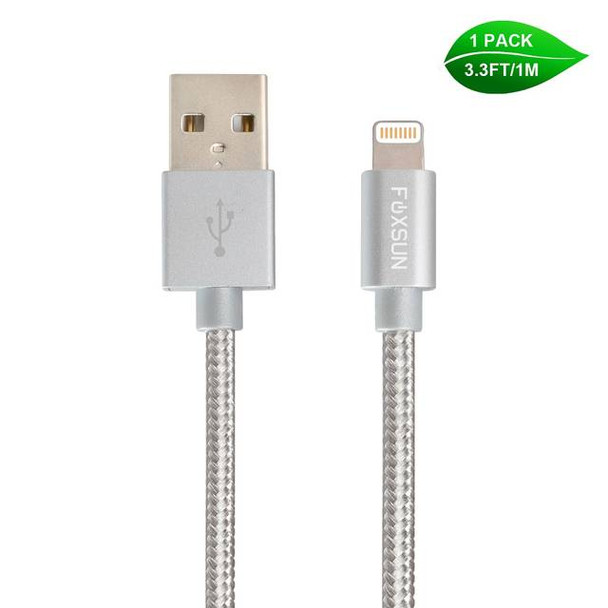 Foxsun AM001018 iPhone Charging Cable 3.3 FT/1M Nylon Braided Lightning Cable for iPhone 7/7Plus/6/6Plus/6S/6S Plus/5/5S/5C/SE, iPad Pro/Air/Mini (Silver)