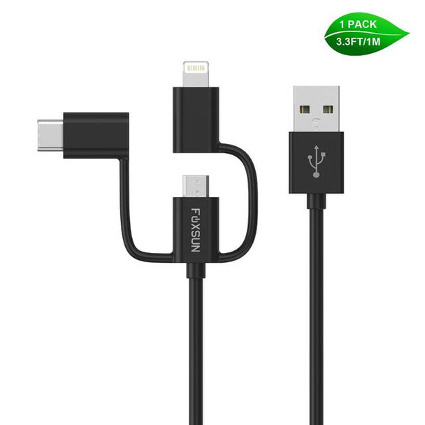 Foxsun AM001029 Multi USB Charging Cable,3.3 FT/1M 3 in 1 Multiple USB Charger Cable with 8Pin Lightning /USB Type C/Micro USB Connector for iPhone, Samsung, LG, Nexus Smartphones and More, MFI Certified (Black)