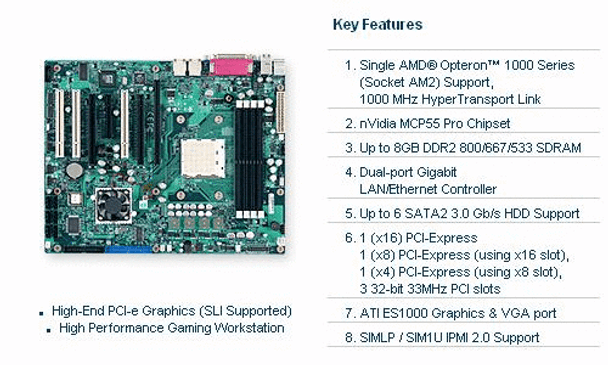 Supermicro H8SMi-2-O Opteron 1000/ nVidia MCP55 Pro/ DDR2-800/ RAID/ SLI/ ATX Server Motherboard