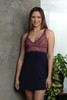 HOME APPAREL BUILT UP CHEMISE DEEP BLUE W/ ROSEWOOD LACE