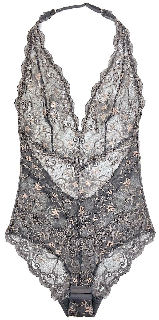 ALL LACE AMOUR DEEP PLUNGE HALTER BODYSUIT CHARCOAL/BLUSH - Samantha Chang