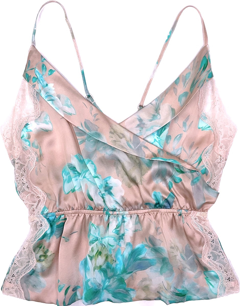 CLASSIC SILK PRINTED TUXEDO CAMI TURQUOISE BLOSSOMS W/ PINK SAND LACE -  Samantha Chang