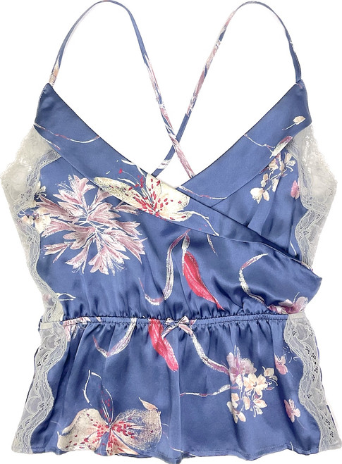 CLASSIC SILK PRINTED TUXEDO CAMI FLOATING PETALS W/ SILVER LACE