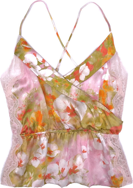 CLASSIC SILK PRINTED TUXEDO CAMI SAKURA SKY W/ PINK SAND LACE