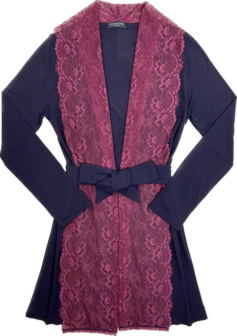 HOME APPAREL LACE FRONT ROBE DEEP BLUE W/ ROSEWOOD LACE
