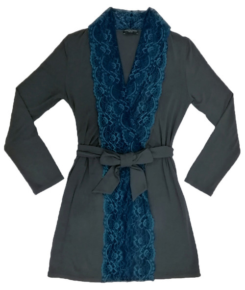 HOME APPAREL LACE FRONT ROBE SLATE W/ ARCTIC BLUE LACE