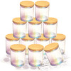 12 Pack 10 OZ Iridescent Glass Candle Jars for Making Candles with Airtight Bamboo Lids Nice Sticky Warning Labels for Candle Making Empty Container Bulk - Dishwasher Safe