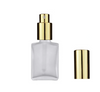 1 oz Frosted Square Temper Evident Glass Bottle w/ Shiny Gold Treatment Pump