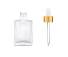 1 oz Frosted Square Temper Evident Glass Bottle w/ 18-415 White Matte Gold Dropper