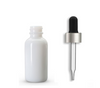 1 oz Opal White Glass Bottle w/ Black Silver Regular Glass Dropper