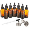 12, 1 oz Dropper Bottles with 3 Stainless Steel Funnels & 1 Long Glass Dropper & [ 12 Pack, 16 oz ] Glass Amber Bottles with Black Poly Cone Cap & 3 Stainless Steel Funnels & 12 Labels