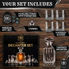 Premium Glass Decanter Set, Whiskey Decanter Set 4 Liquor Glasses, Mens Gift 9 Cooling Whisky Stones and Funnel for Rum, Scotch, Bourbon, Whisky, Crystal Liquor Decanter Drinking Set (Classic glass)