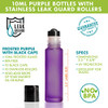 10ml Purple Frosted Glass Roller Bottles with Stainless Leak Guard Rollers & Black Caps
