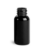 1 oz black PET plastic squat boston round bottle with 20-410 neck finish