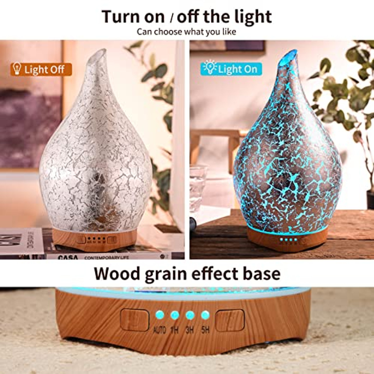 Essential Oil Diffuser 120ml Ultrasonic Aromatherapy Diffuser with Handmade  Glass BPA Free Waterless Auto-Off, 4 Timer Setting 7 Colors Changed LED for  Home Yoga Office Grey