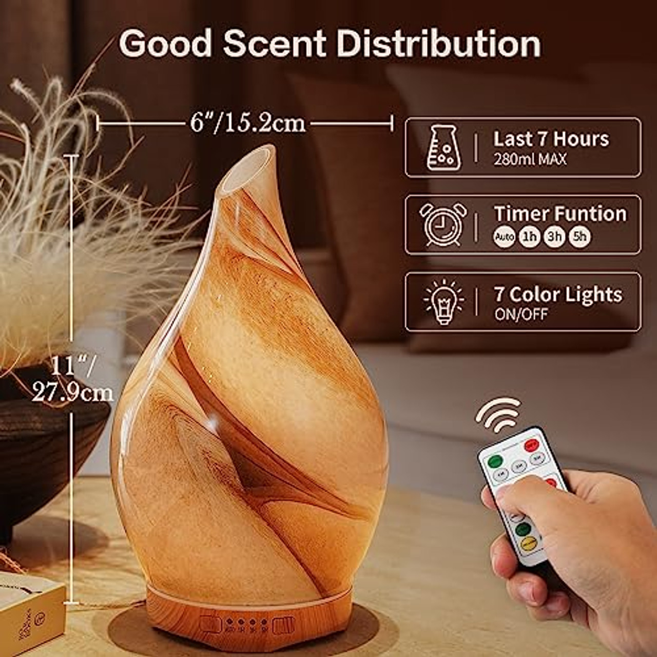 Porseme 280ml Essential Oil Diffuser Glass Color Changing Aroma Air  Diffusers Aromatherapy Ultrasonic Cool Mist Humidifier