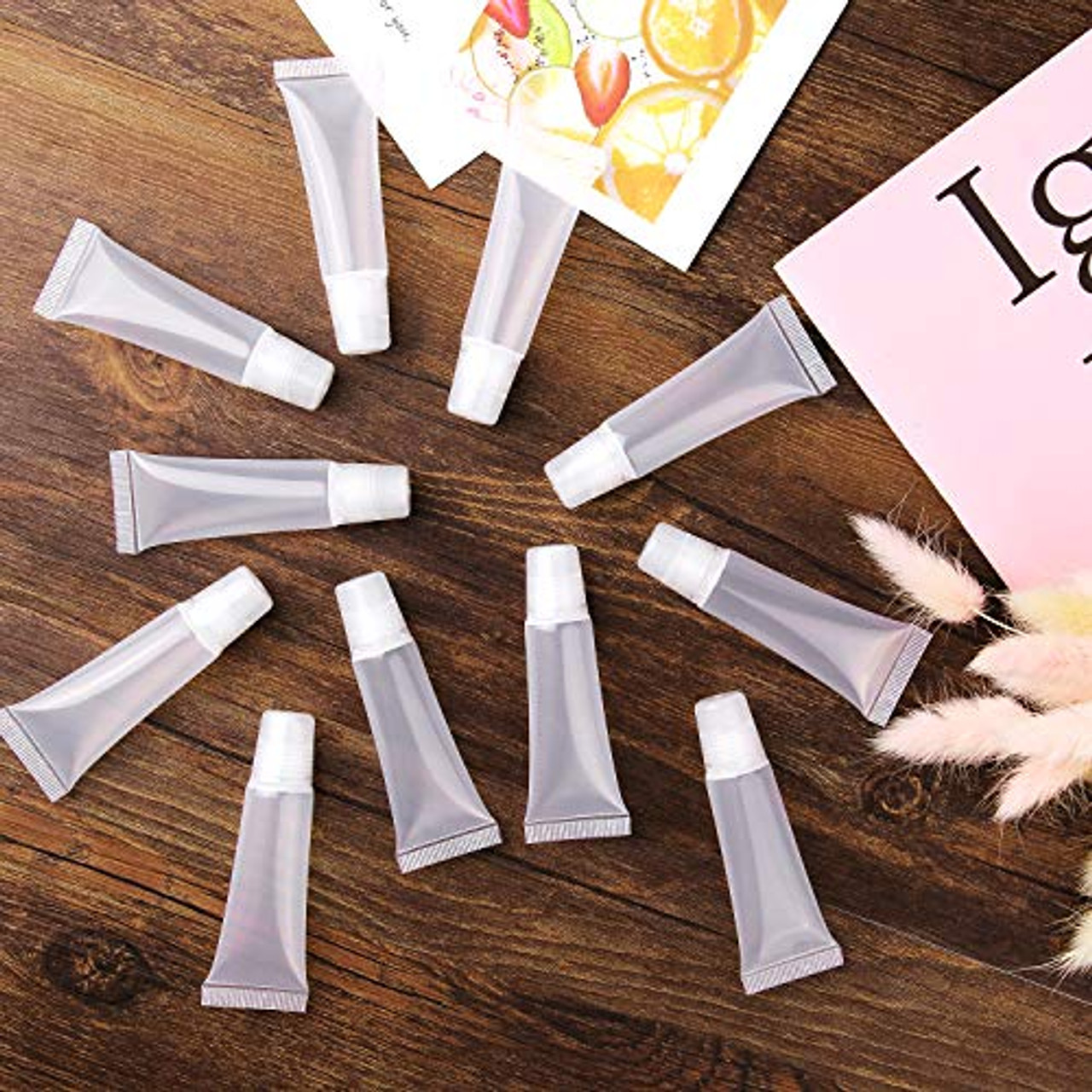 AMORIX 50PCS 10ml Black Lip Gloss Tubes Empty Clear Lip Balm Containers  Refillable Soft Cosmetic Squeeze Tubes for Lip Gloss Base Glitter Pigment  Powder 2 Syringes + Tag Labels Stickers