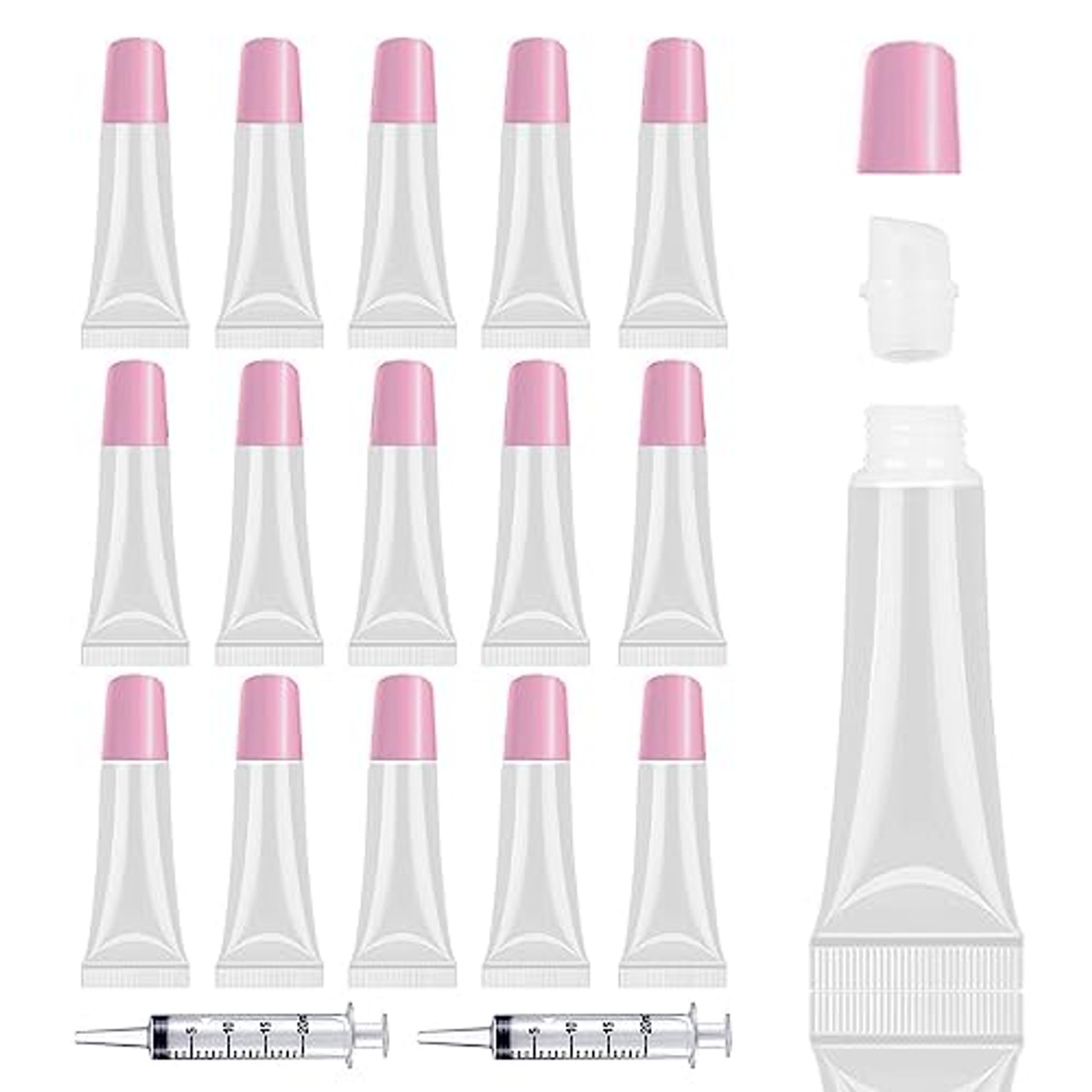 AMORIX 50PCS Lip Gloss Tubes Empty 10ml Pink Cap Lip Gloss Containers Lip  Balm Tubes Cute Squeeze Tubes Lipgloss Making Supplies + 2 x 20ml Syringes  Tag Labels for Lip Gloss Base