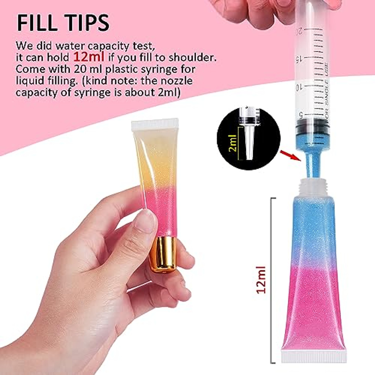 AMORIX 50PCS Lip Gloss Tubes 15ml Gold Cap Lip Gloss Containers Empty Lip  Balm Tubes Refillable Cosmetic Squeeze Lipgloss Tubes + 2 x 20ml Syringes