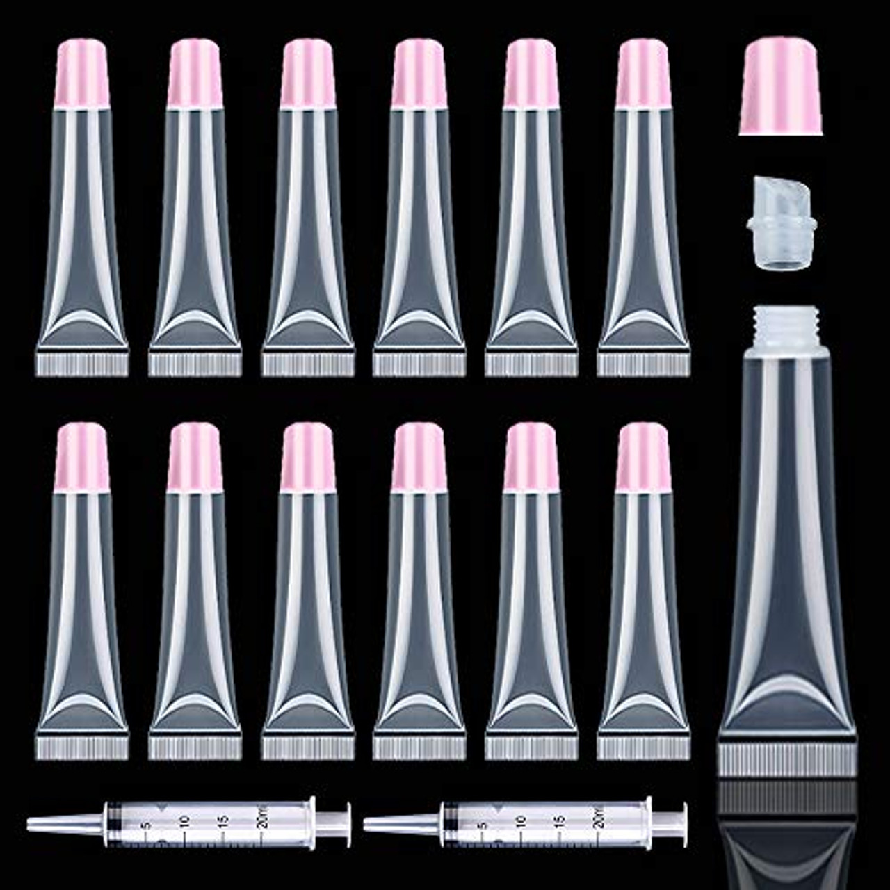 AMORIX 50PCS Lip Gloss Tubes 20ml Pink Cap Lip Gloss Containers Empty Lip  Balm Tubes Refillable Cosmetic Squeeze Lipgloss Tubes + 2 x 20ml Syringes  Tag Labels for DIY Lip Gloss Glitter