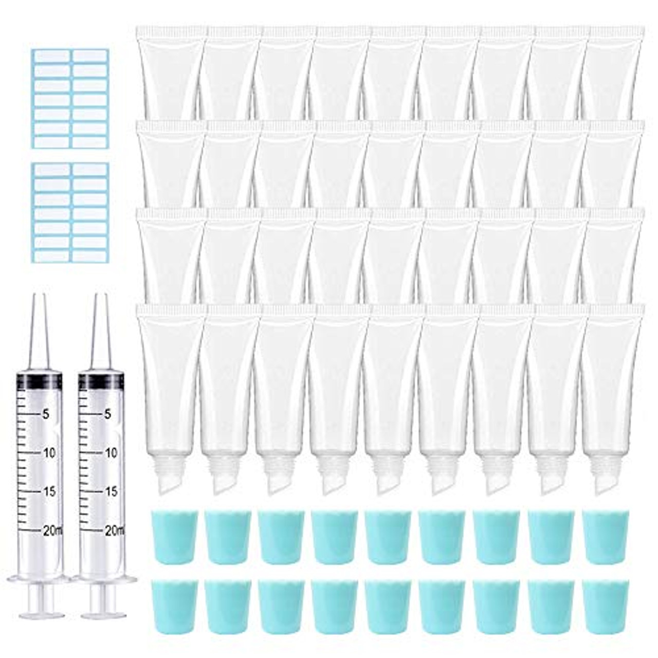AMORIX 50PCS 10ml Black Lip Gloss Tubes Empty Clear Lip Balm Containers  Refillable Soft Cosmetic Squeeze Tubes for Lip Gloss Base Glitter Pigment  Powder 2 Syringes + Tag Labels Stickers